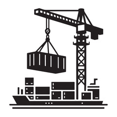 Cargo ship silhouette and port crane construction and logistic works