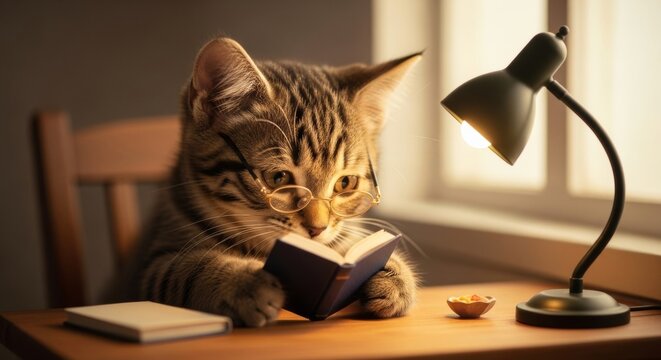 Adorable Kitten Concentratedly Reading a Book at a Desk Under a Lamp