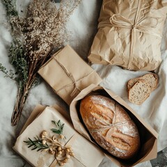 Rustic Gifts, Bread, and Bohemian Decor on Linen Fabric