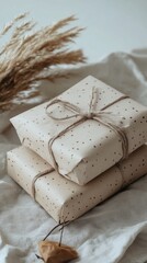 Stack of Rustic Kraft Paper Wrapped Gifts with Twine