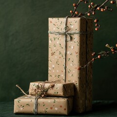 Stack of Kraft Wrapped Gifts with Twine and Fairy Lights on Dark Background