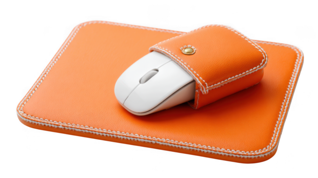 Orange leather mouse pad and case set isolated on transparent background