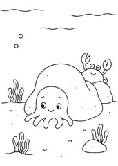 Coloring book octopus peeking from behind a rock with a happy crab, a charming undersea coloring page