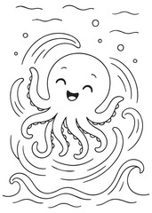Coloring book octopus happily splashing and creating waves in the water
