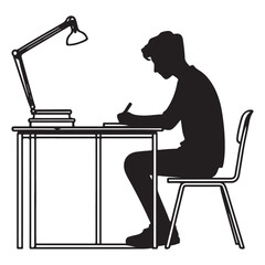 Silhouette Student Studying at Desk with Lamp Light Illustration
