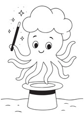 Coloring book octopus magician performing a trick with a top hat and wand