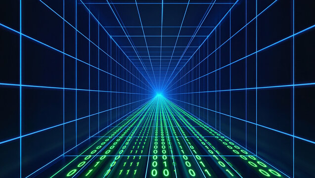 Futuristic digital corridor binary code data stream network