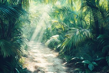 Naklejka premium Sunlight streams through a lush tropical jungle path.