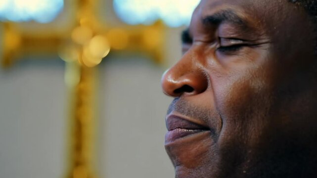 A Middle aged African American Catholic priest prays in a catholic church. In a tranquil church setting, the priest offers heartfelt prayers, embodying faith and devotion to his ministry.