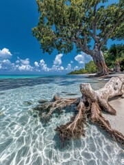 Fototapeta premium Serene Tropical Beach Scene Crystal Clear Water, Lush Tree, and Exposed Roots