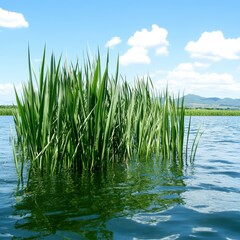 Fototapeta premium Serene Lakeside Scene Lush Green Reeds in Calm Waters