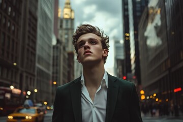 A young man gazes upward in a city street.