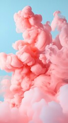Ethereal Pink Smoke Cloud Against Light Blue Backdrop, Soft, Dreamy and Abstract Look