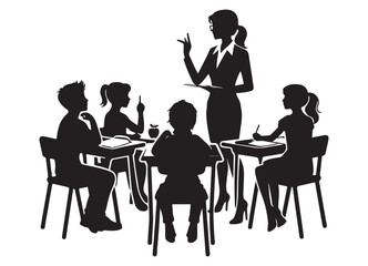 Teacher and students in classroom silhouette learning illustration