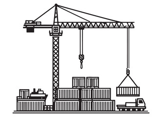 Detailed Crane Lifting Shipping Containers at Construction Site Illustration