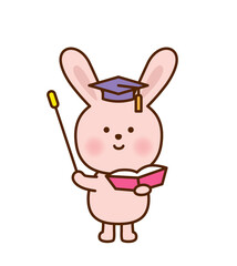 博士帽をかぶったうさぎの先生のかわいいイラスト
