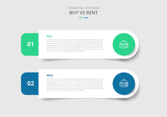 buy vs rent comparison for infographic with round rectangle with circle badge drop shadow style with two point list information