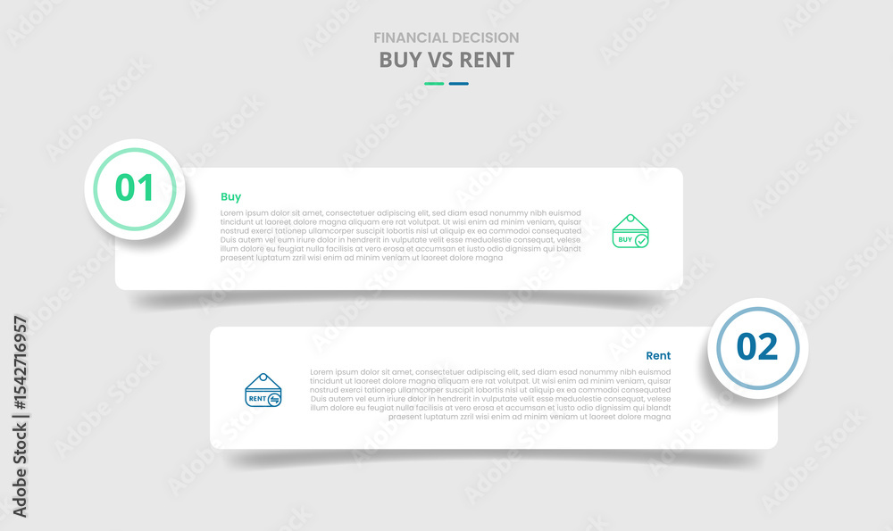 Poster buy vs rent comparison for infographic with round rectangle box with circle badge drop shadow style 