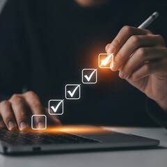 Checklist completion and task progress concept. A person using stylus to check off items on ascending checklist, productivity, task completion, workflow management, and goal achievement in business