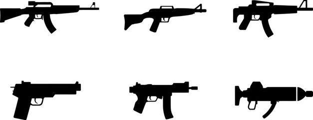 Collection of black and white gun silhouettes for military and weapon design elements and concepts editable stock vector illustration