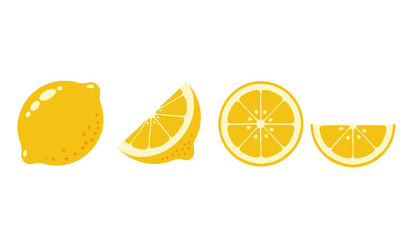Lemon in Various Slices Flat Design,
A vibrant flat design illustration showcasing a whole lemon alongside three different cuts: a quarter slice, a full cross-section, and a half slice,