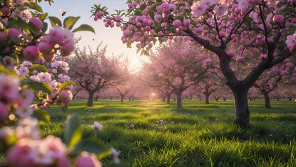 Fototapeta premium Walking Through Orchard Blooming with Pink Flowers at Sunrise
