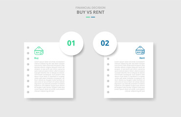 buy vs rent comparison for infographic with paper page with big circle badge on edge with drop shadow style with two point list information