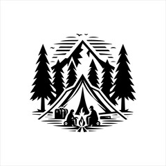 Obraz premium Black and White Family Camping Logo with Tent and Mountains Isolated on White Background