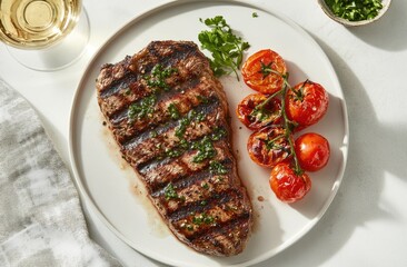 Grilled steak with roasted cherry tomatoes on a white plate