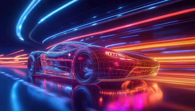 Futuristic car in neon-lit tunnel