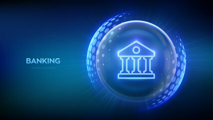 Banking. Online banking and payment. Secure transactions. Financial data protection. Cyber security. Finance networking. Glass transparent sphere with surface of hexagons with Bank icon. Vector. EPS10