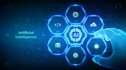 AI. Artificial Intelligence technology. Digital brain. Neural network. Machine learning. Deep learning. Big data analysis. Wireframe hand places an element into a composition. Vector illustration.