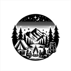Black and White Family Camping Logo with Tent and Mountains Isolated on White Background