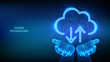 Cloud computing service. Cloud icon in wireframe hands. Secure Cloud Storage. Database storage, Data center. Upload download app. Circuit board pattern PCB printed circuit texture. Vector illustration