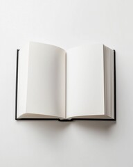 Top‑down close‑up of an open hardcover book with blank crisp pages, lying flat on seamless white substrate, soft even studio lighting, ultra‑realistic paper texture and edge detail, no text