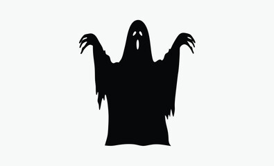 Spooky ghost silhouette, simple halloween illustration, black and white graphic on white background