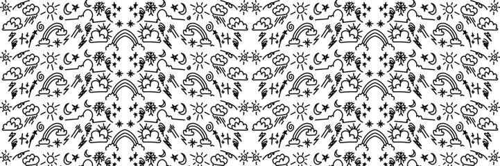 Whimsical weather pattern features a variety of hand-drawn elements like stars, suns, clouds, rainbows and lightning in black ink on white for fun, eye-catching backgrounds.