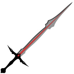 Sharp looking sword with grey blade and red line, featuring a black hilt, sits isolated on transparent, creating a dramatic and impactful image perfect for fantasy illustrations.