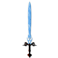 Stylized sword with a striking light blue blade and black ornate hilt is depicted on a transparent background, creating a dramatic, fantasy-inspired image for gaming or fictional themes.