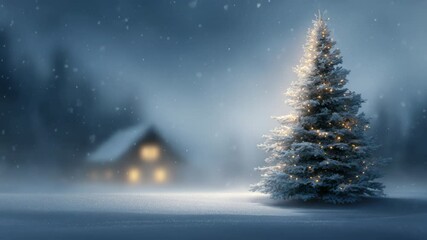 Christmas tree glows with lights in snowy winter scene at cozy cabin for holiday season - Powered by Adobe