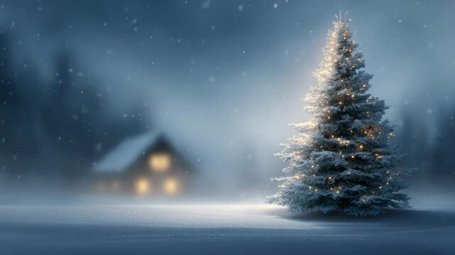Christmas tree glows with lights in snowy winter scene at cozy cabin for holiday season