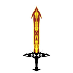 Stylized sword with a flame-like blade in yellow and red and an ornate black hilt stands dramatically against a transparent backdrop, ideal for fantasy-themed designs.