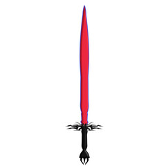 A digitally rendered fantasy sword with a red blade and blue outline stands upright on a transparent background creating a dramatic mood for gaming and fantasy illustrations.