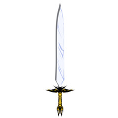 Fantasy sword stands upright featuring a long white blade with subtle streaks and a decorative golden hilt with ornate black details, set against a clean transparent backdrop