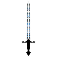Ornate Sword with Blue Detailing and Black Hilt on White Background