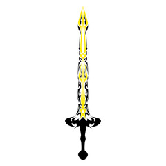 Isolated sword illustration with intricate black tribal patterns and yellow accents stands against a transparent backdrop, creating a bold, stylized graphic for fantasy and design.
