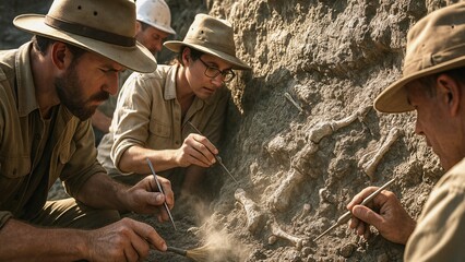 Fototapeta premium Paleontologists meticulously excavating dinosaur skeleton bones at an archaeological site. Using brushes and specialized tools to uncover fossils while focusing on careful preservation and discovery