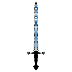 Elaborate sword with swirling black hilt and striking blue blade design is isolated against a transparent background, creating a bold, decorative image for fantasy-themed projects.