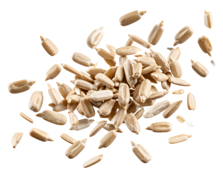  - Shelled Sunflower Seeds Floating and Twisting in Air, isolated PNG.