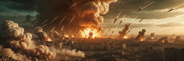 Naklejka na ściany i meble Epic scene of urban warfare, depicting a city under missile attack during a devastating conflict.